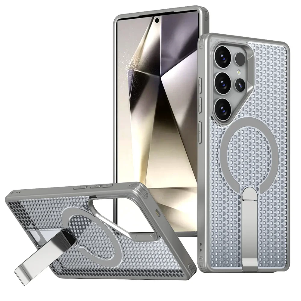 (cinza, Galaxy S24) Capa De Celular Respirável Com Suporte Magnético E Proteção Em Malha Para Dissipação De Calor.