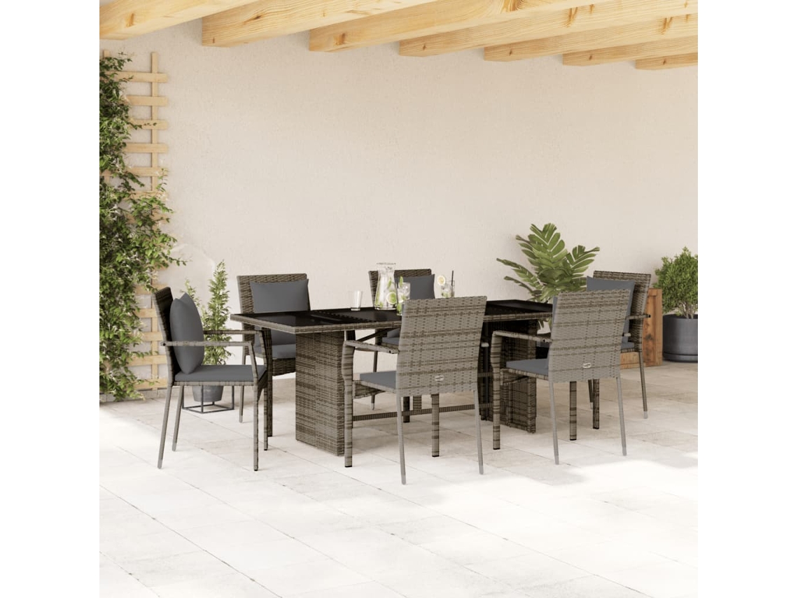 Vidaxl 7 Pcs Conjunto De Jantar P/ Jardim C/ Almofadões Vime Pe Cinza