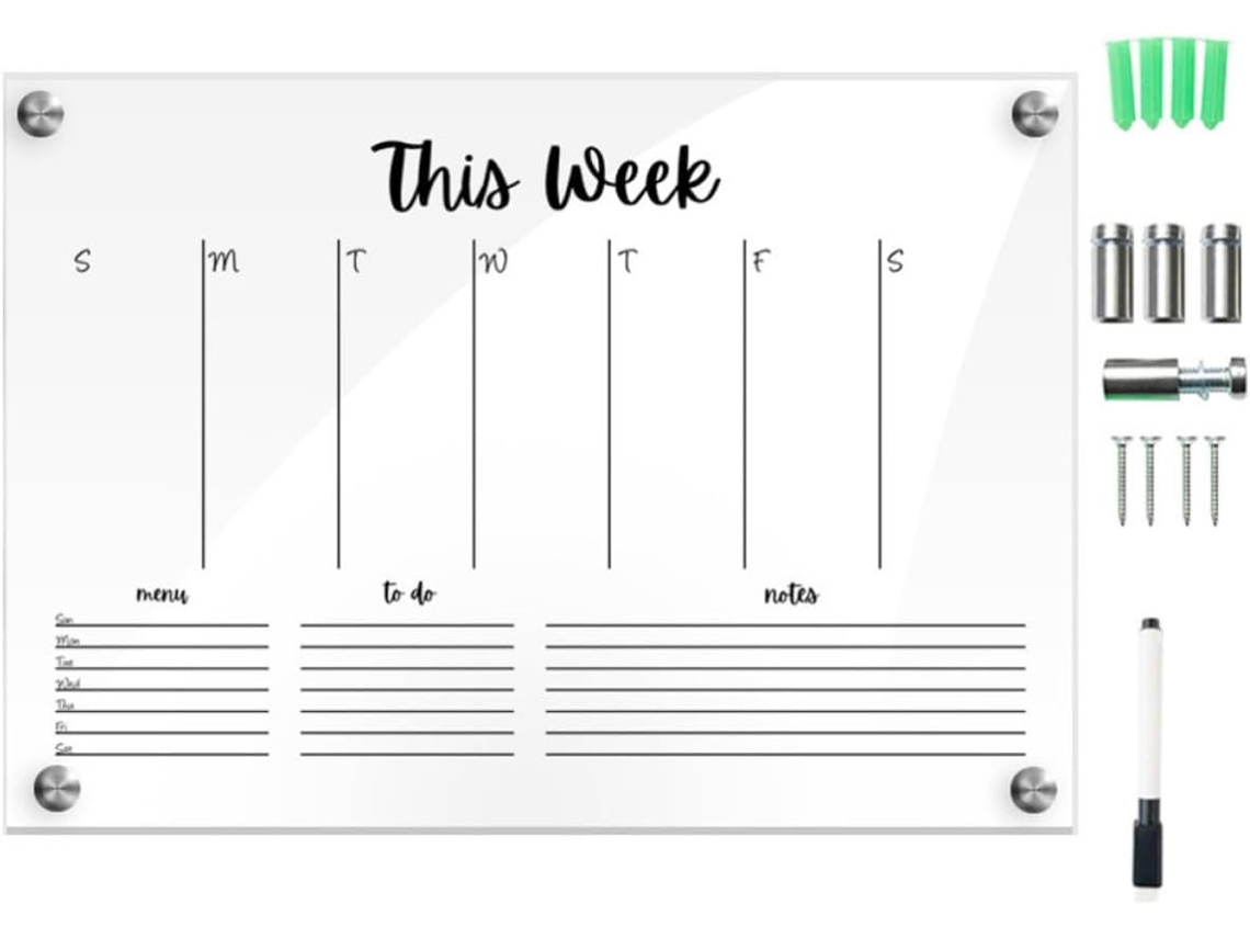 Calendário de quadro branco apagável em acrílico, para exibição decorativa, reutilizável, em metal, conjunto com 1 unidade.