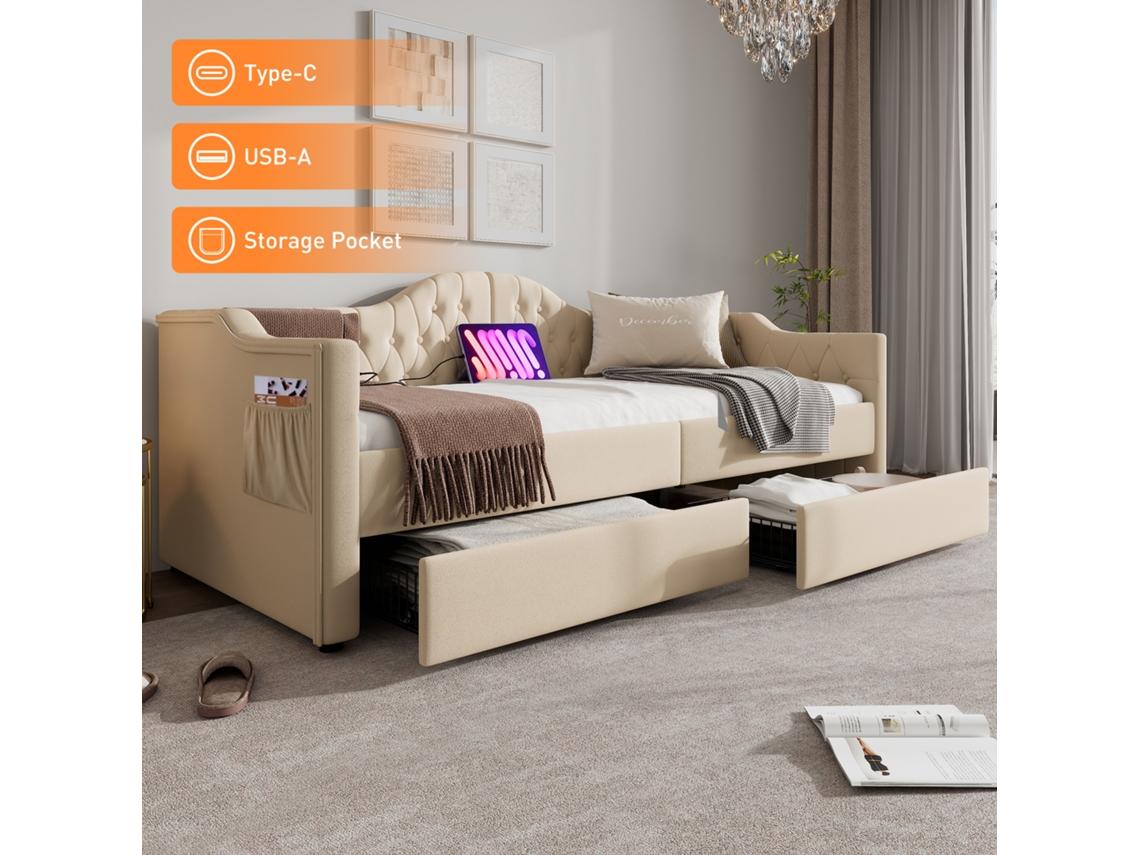 Sofá-cama Bege 90x200 Cm, Usb-c, 2 Gavetas, Veludo, Multifuncional