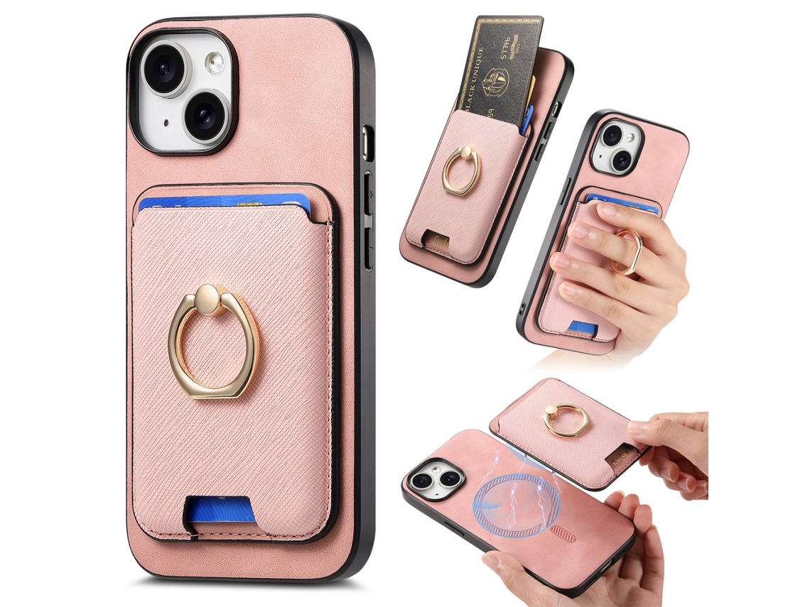 Capa Para Iphone 14 Pele Sintética Magnética Com Porta-cartões Rosa