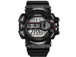Relógio esportivo masculino Smael com pulseira de plástico à prova d'água para atividades ao ar livre, preto e vermelho.
