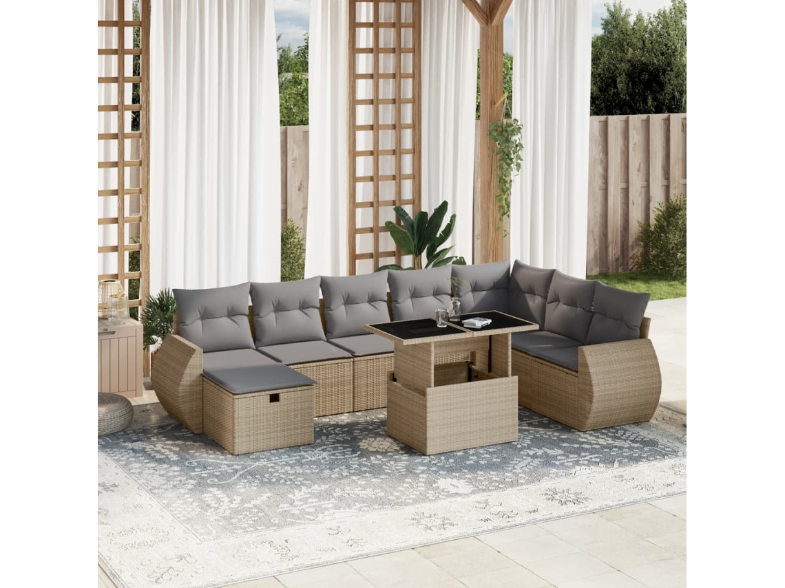 Vidaxl 9 Pcs Conjunto De Sofás P/ Jardim Com Almofadões Vime Pe Bege