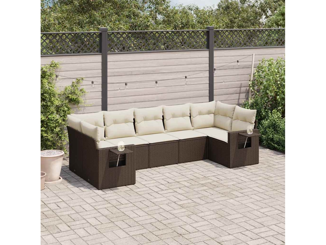 Conjunto de Sofás 7 Peças Jardim C/ Almofadões Vime Pe Castanho Dkd Home Decor