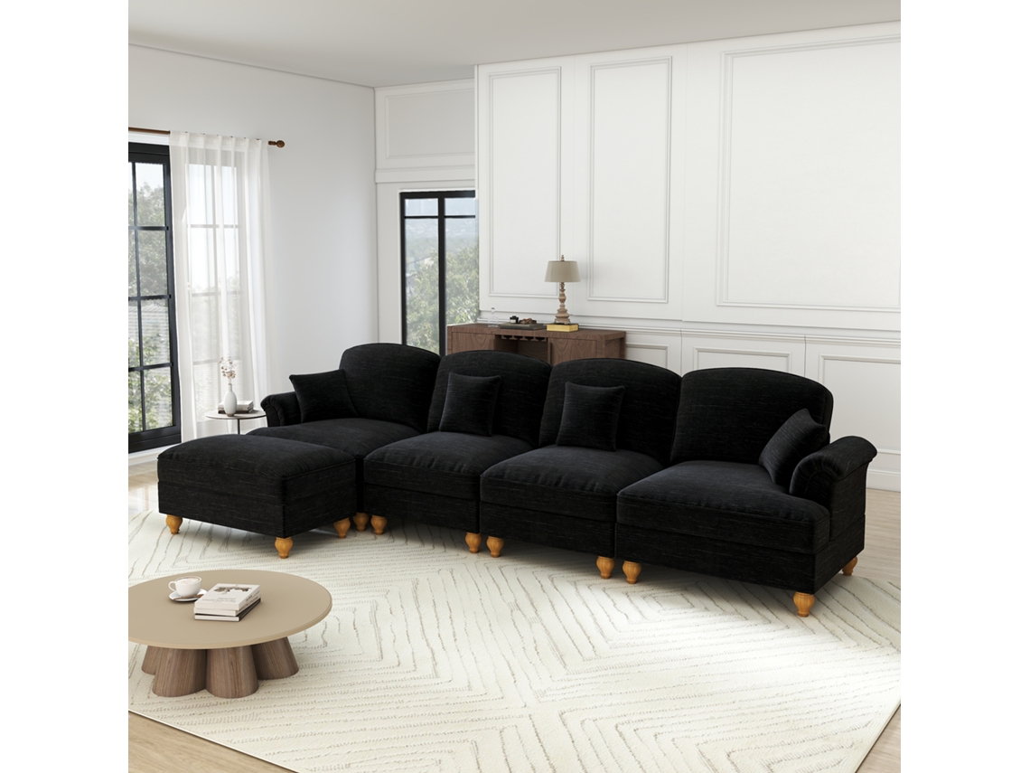 Sofá Modular L 4 Lugares Chenille, Braços Cónicos, Saia Removível, Pés Torneados, Pufe Preto MOBRIO
