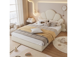 Cama De Casal Estofada, Cabeceira Com Pétalas Curvas, Simples, Estiloso E Confortável, Estrutura De Cama Moderna, Veludo, Bege, 140x200cm Cs