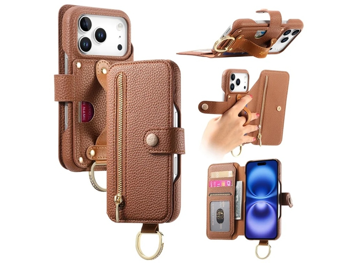 Capa Carteira Em Couro Sintético Para Iphone 17 Pro Com Proteção Rfid E Zíper - Marrom