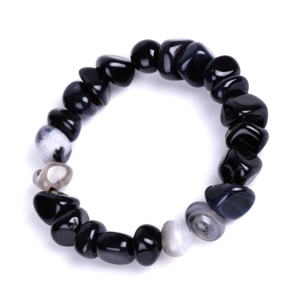 Pulseira Elástica Artesanal de Ágata Preta , Pulseira de Pedra Natural Irregular. MDUG (ágata Negra)