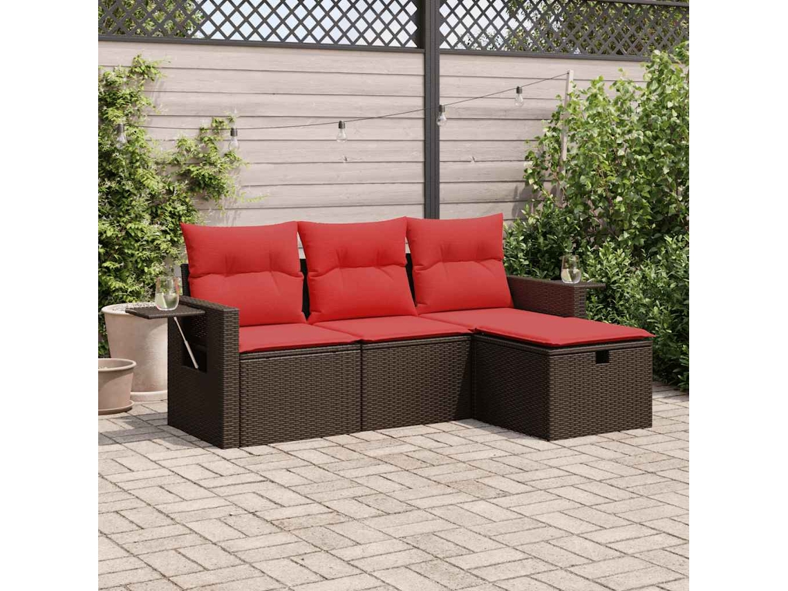 Vidaxl 4 Pcs Conjunto Sofás De Jardim C/ Almofadões Vime Pe Castanho