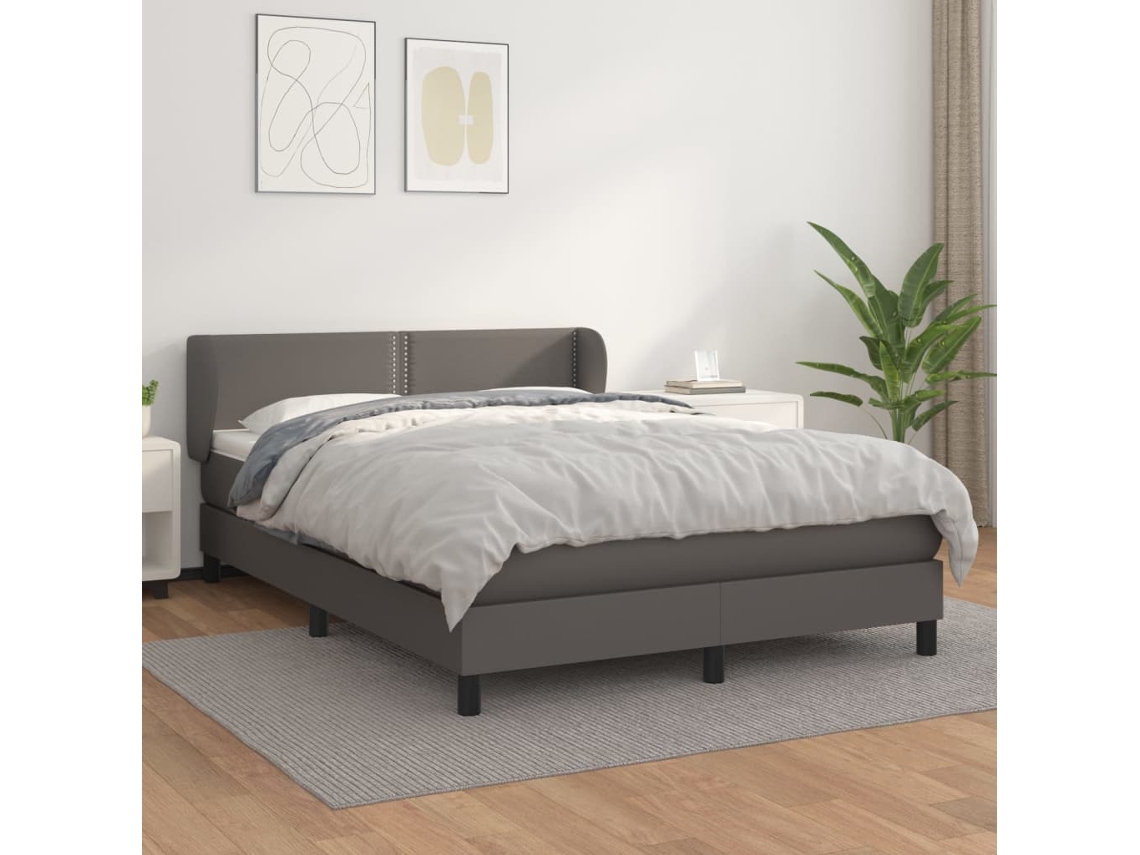 Vidaxl Cama Com Molas/colchão 140x190 Cm Couro Artificial Cinzento