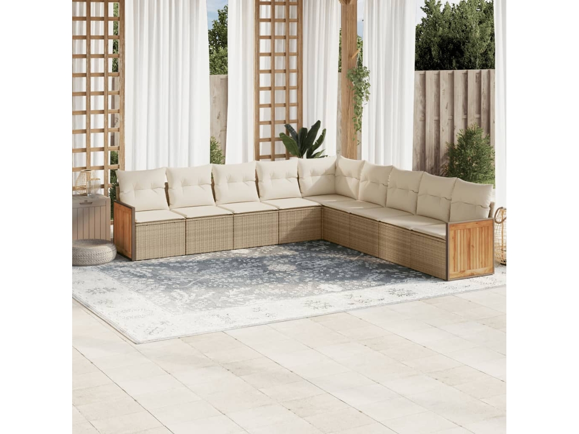 Vidaxl 9 Pcs Conjunto De Sofás P/ Jardim Com Almofadões Vime Pe Bege