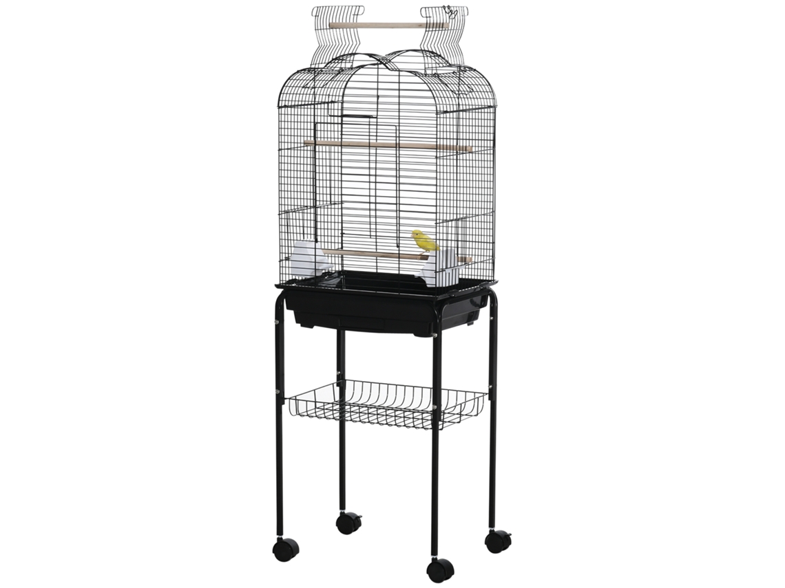 Gaiola Para Passáros Com Suporte Com 4 Rodas Teto Com Abertura 2 Comedouros 3 Poleiros Bandeja Removível E Prateleira Inferior 46x36x130cm Preto