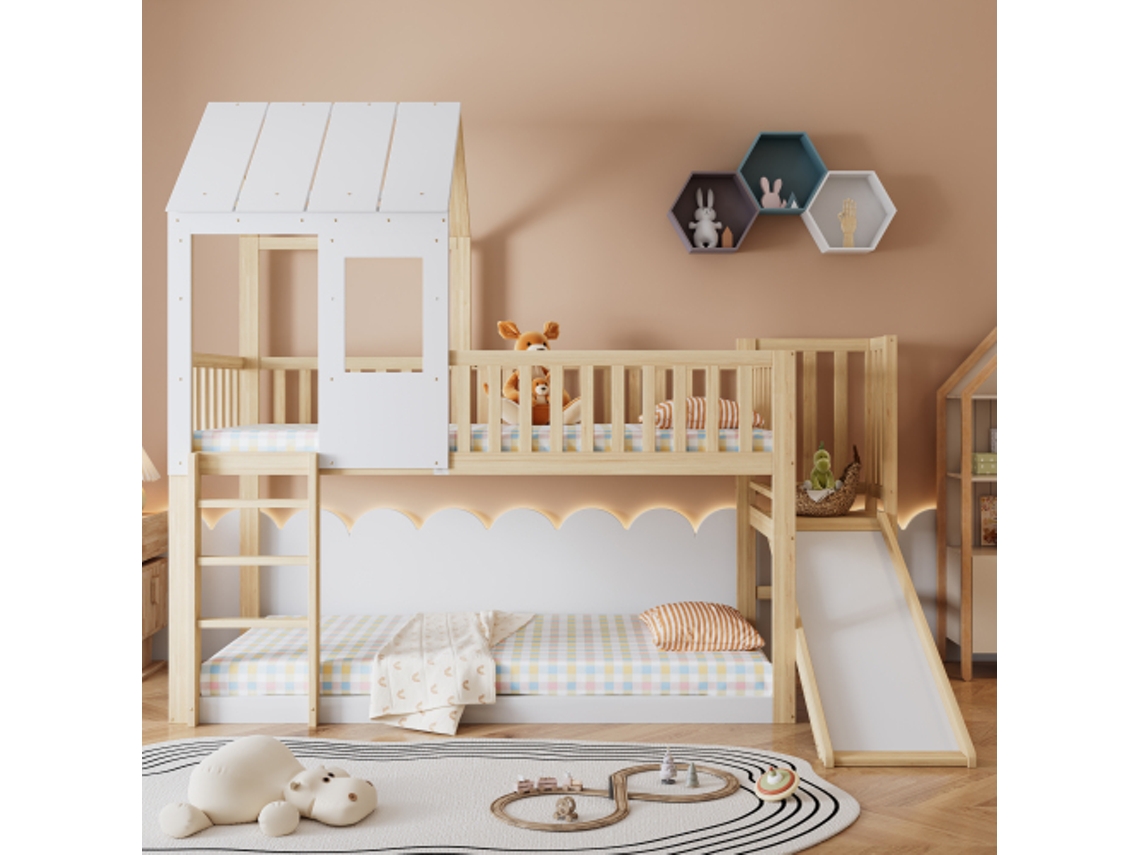 Beliche Com Escada Retangular E Escorregador, Cama De Casa Com Teto E Janela, Cama Infantil Com Proteção Contra Quedas E Grades, Estrutura De Pinho,