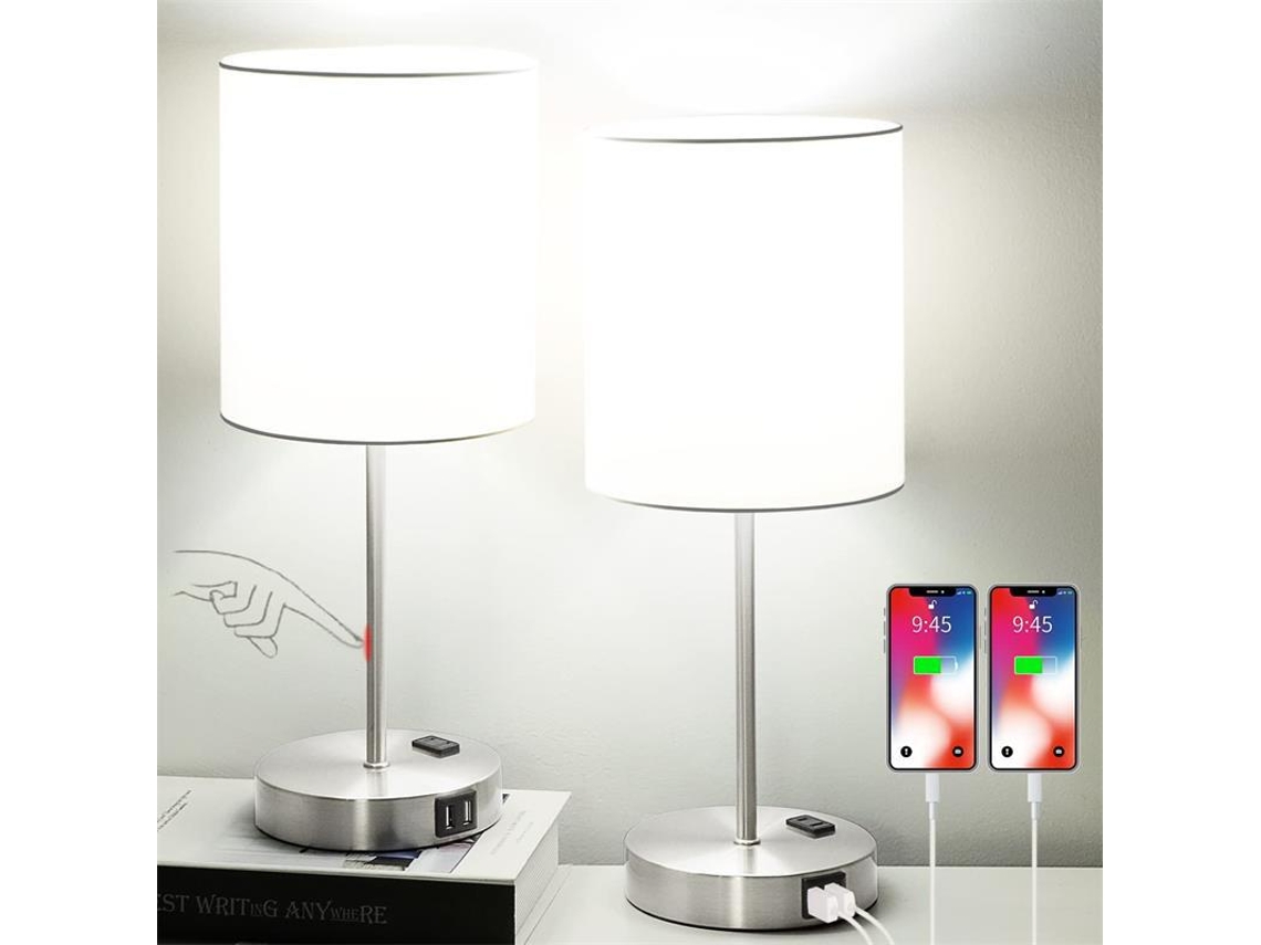 Conj 2 Candeeiros Usb, Cúpula Tecido, Branco