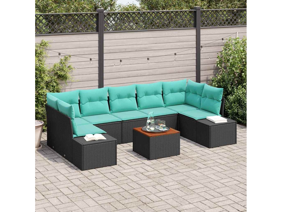 Vidaxl Conjunto De Sofá De Jardim 8 Unid. Preto E Turquesa Vime Pe