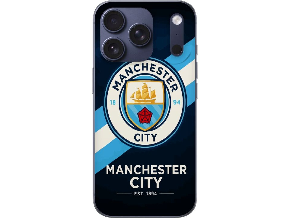Capa Para Celular Compatível Com Apple Iphone 17 Pro Com O Escudo Do Manchester City Em Fundo Azul Com Listra Diagonal.
