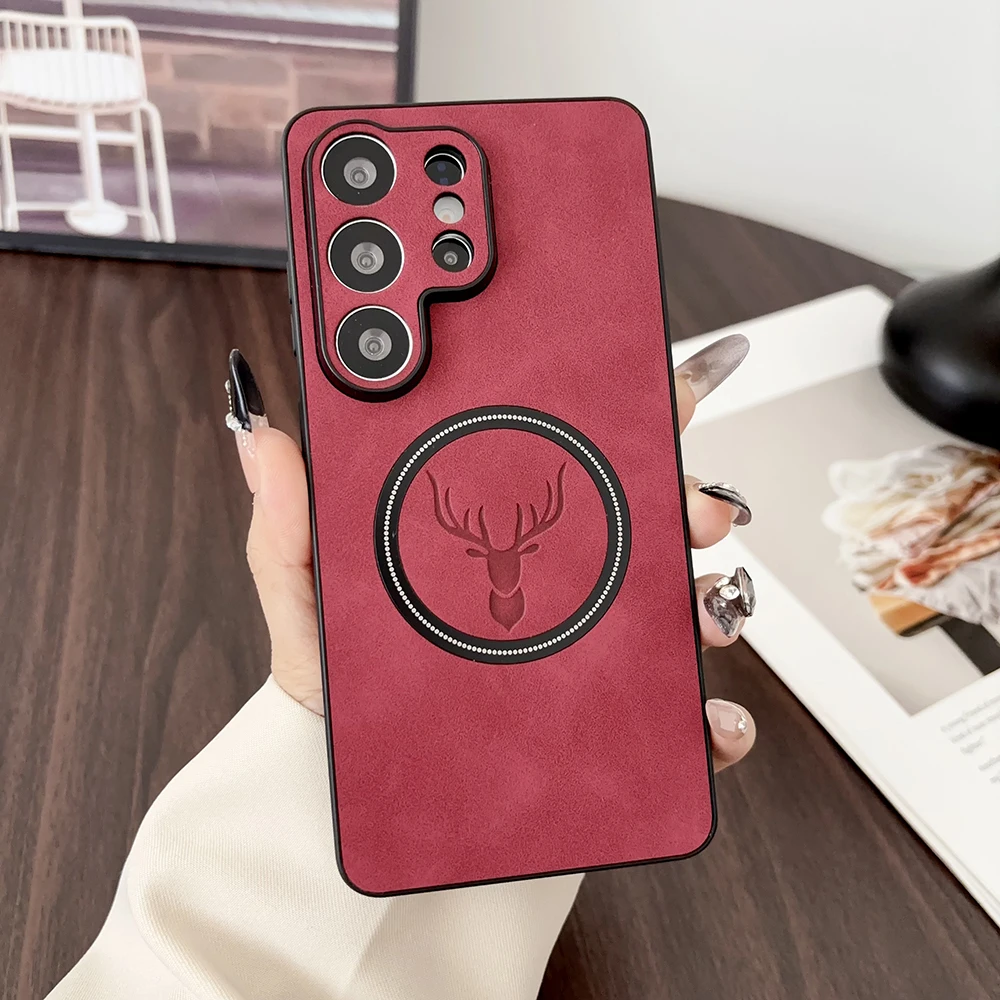 Capa Para Celular Samsung Galaxy S24 Em Couro Pu Com Estampa De Veado (cor Borgonha), Compatível Com Carregamento Sem Fio.