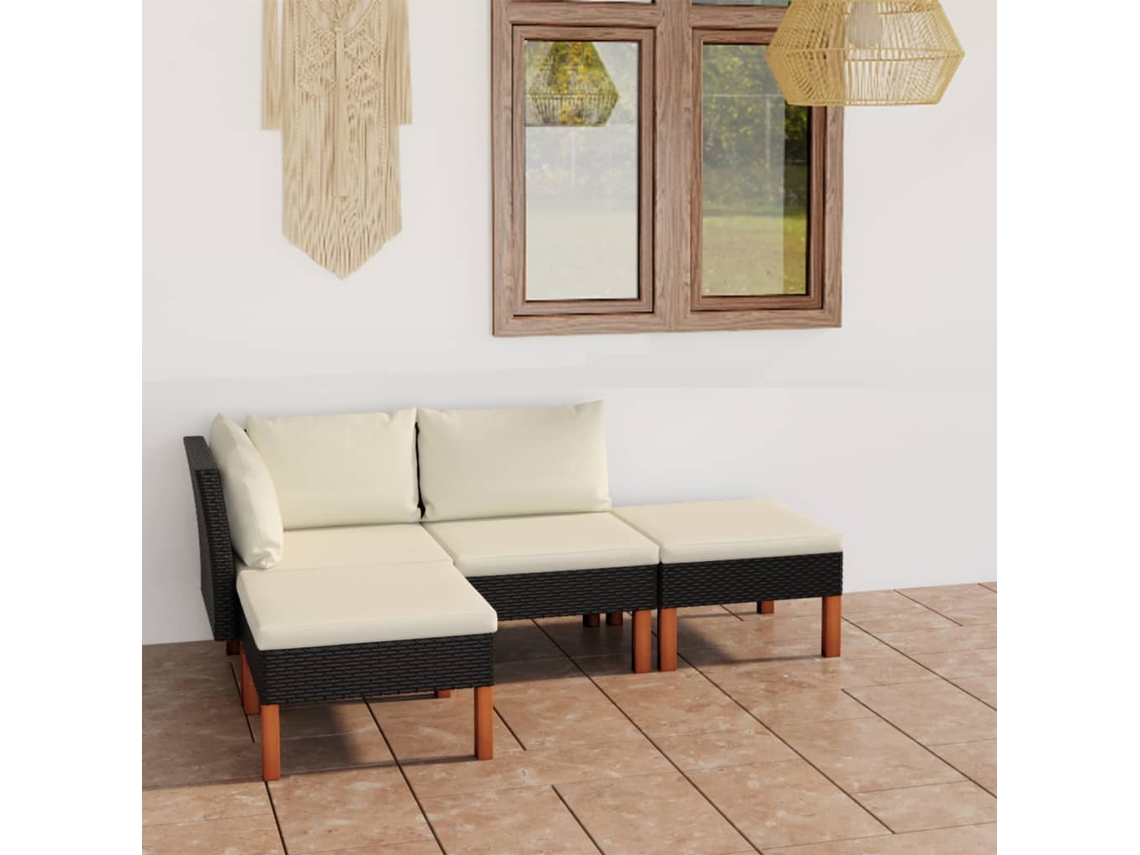 Conjunto Lounge Jardim 4 Peças C/ Almofadões Vime Pe Preto Dkd Home Decor