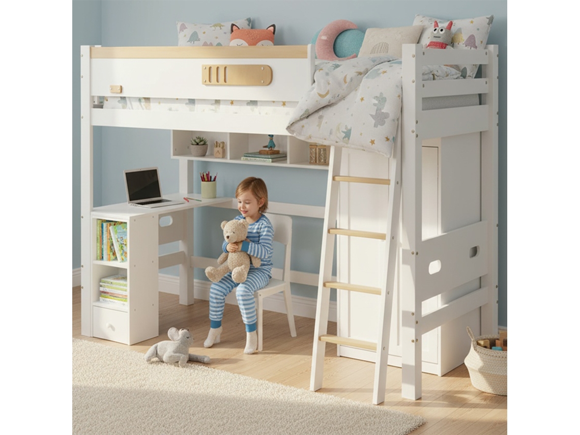 Cama Infantil 90x200cm Duas Camadas Com Guarda-roupa Mesa E Fallschutz