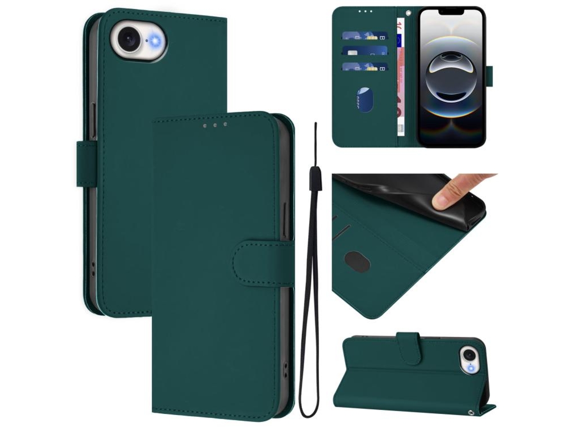 Capa De Couro Sintético Para Iphone 16e - Toque Suave - Cor Sólida - Com Cordão