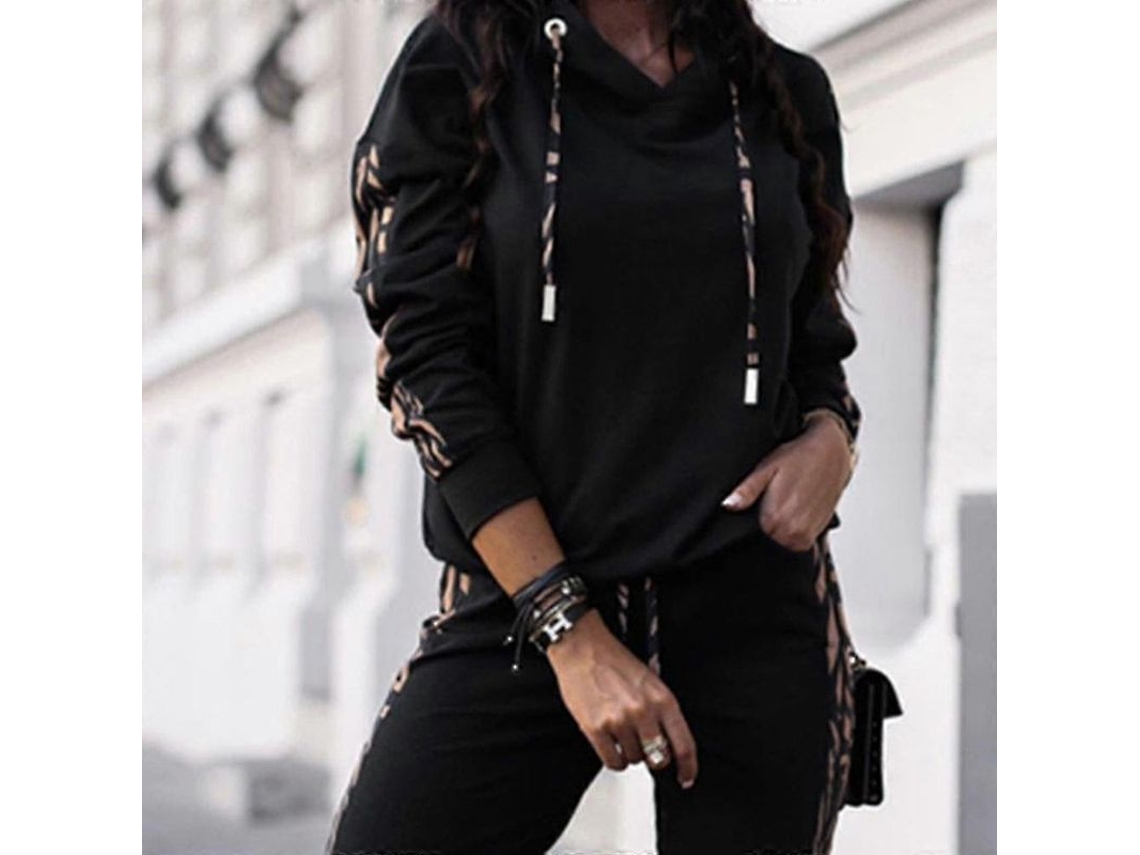 Conjunto De Moletom Com Capuz E Calça Listrada Para Mulheres, 2 Peças, Tecido De Algodão Misto, Tamanhos S-xl Preto