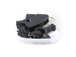 Pito de plástico con sonido nítido, con cordón y clip, negro S/MARCA