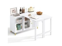 Buffet Moderno Branco Com Tampo Rebatível E Extensível, Superfície Giratória, Pés De Metal Dourado, Portas De Correr De Vidro E Padrão Ondulado