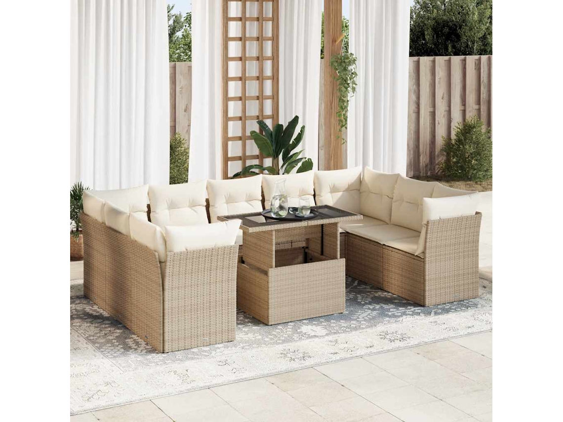 Vidaxl 10 Pcs Conjunto De Sofás P/ Jardim Com Almofadões Vime Pe Bege