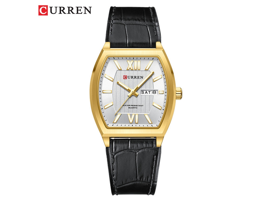 Relógio Masculino Elegante, À Prova D'água, com Movimento de Quartzo e Calendário. MDUG (pulseira Preta, Caixa Dourada, Mostrador Branco)