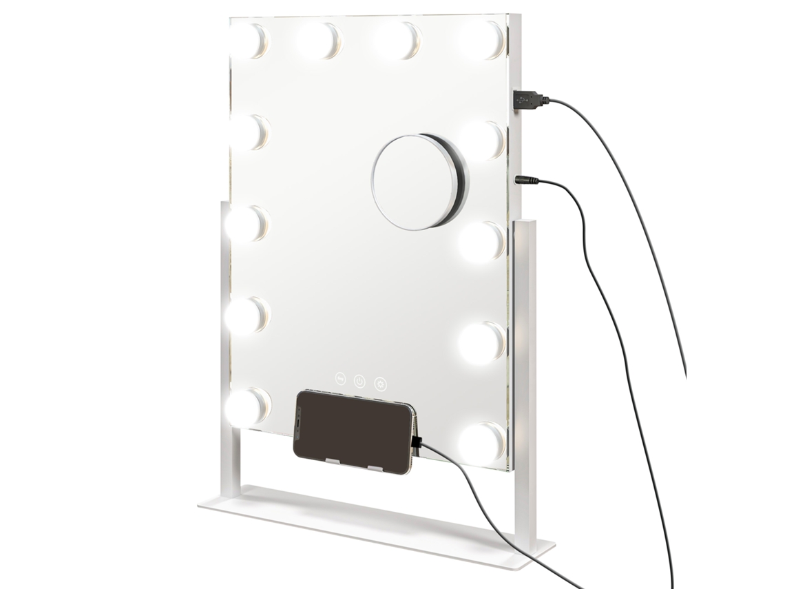 Espelho de Maquilhagem Estilo Hollywood com Luzes 12 Lâmpadas Led 3 Modos de Iluminação e Entrada Usb 36.5x8.5x45.5cm Branco