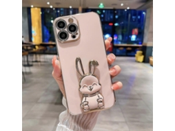 Capa De Celular Com Suporte De Coelho Banhado A Ouro Para Iphone 14 Plus, Rosa