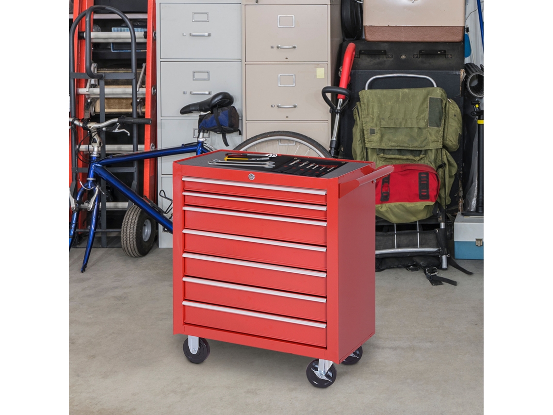 Carrinho de Aço Vermelho com 2 Pequenas e 5 Grandes Gavetas, capacidade 150 Kg (69x33x75 Cm) | S/MARCA