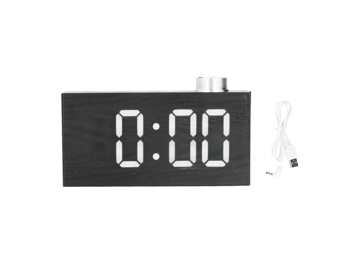 Relógio eletrônico digital Baok com LED, termômetro, USB e imitação de madeira branca.