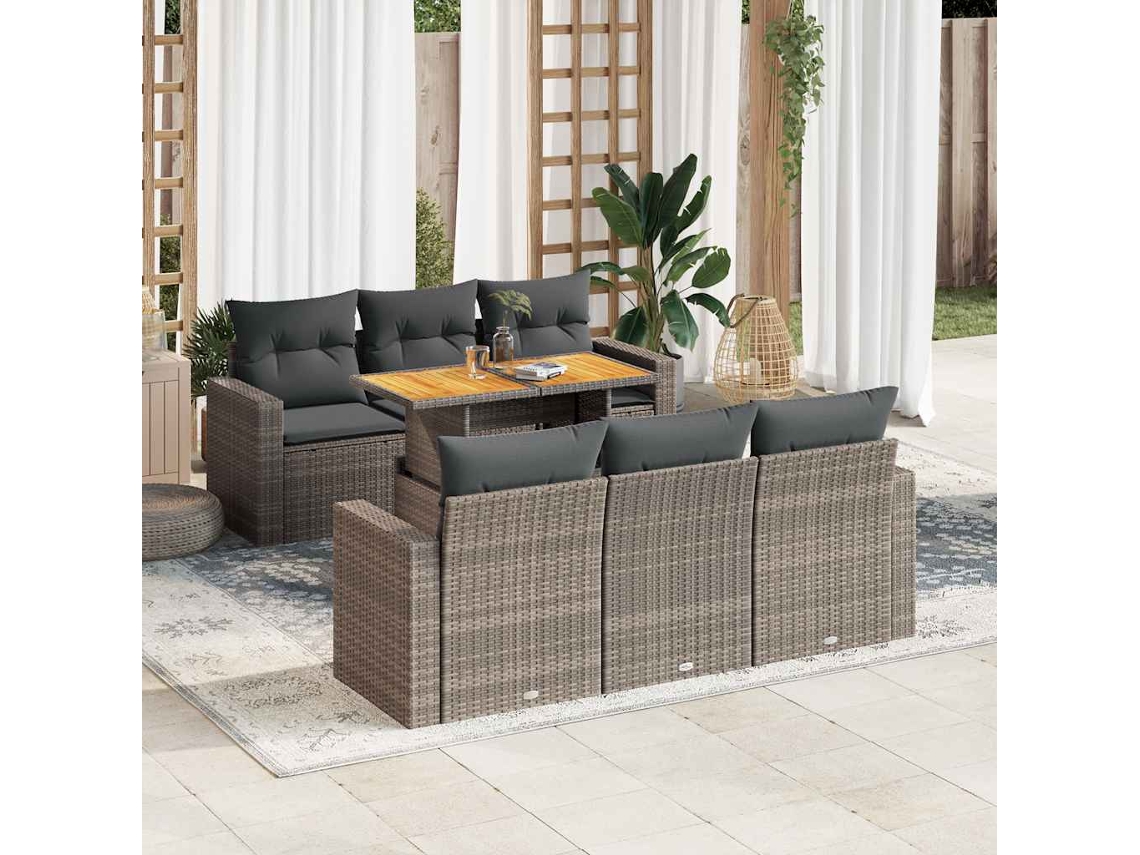 Vidaxl 7 Pcs Conjunto Sofás P/ Jardim C/ Almofadões Vime Pe Cinzento
