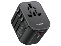 Adaptador De Carregador Viagem Universal Usams 20w 1x Usb, C 2x Usb Us/au/eu/uk T59 Preto
