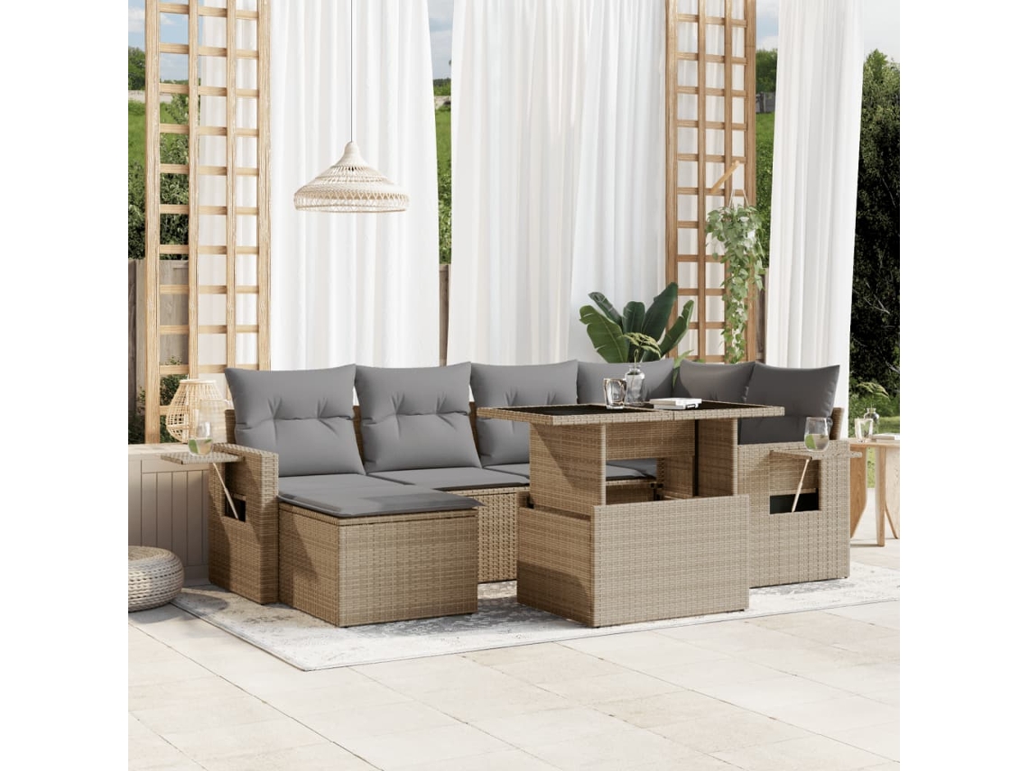 Vidaxl 7 Pcs Conjunto De Sofás P/ Jardim Com Almofadões Vime Pe Bege