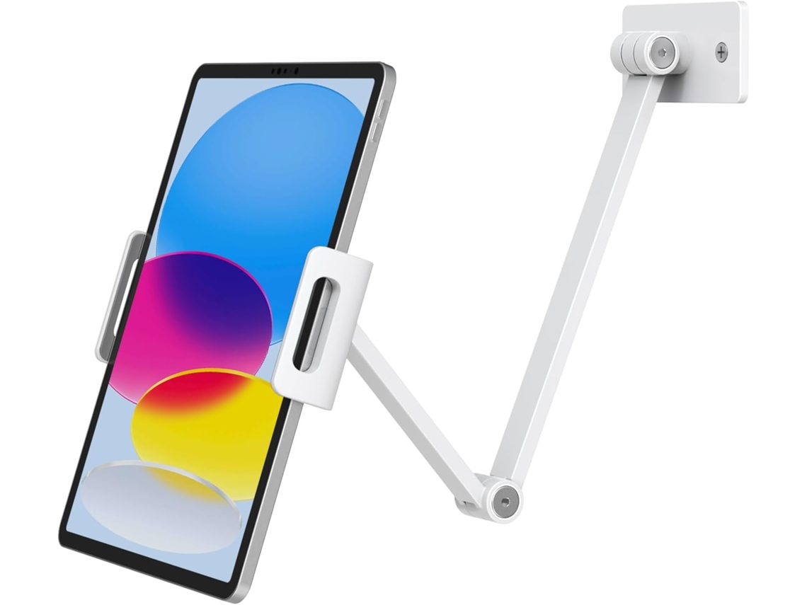 Suporte de parede para tablet com braço articulado, rotação de 360°, em liga de alumínio, compatível com tablets de 4,7 a 12,9 polegadas e celulares.
