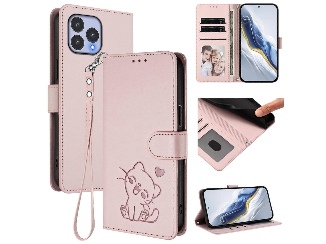 Capa De Couro Para Celular Com Estampa De Coração De Gato E Alça