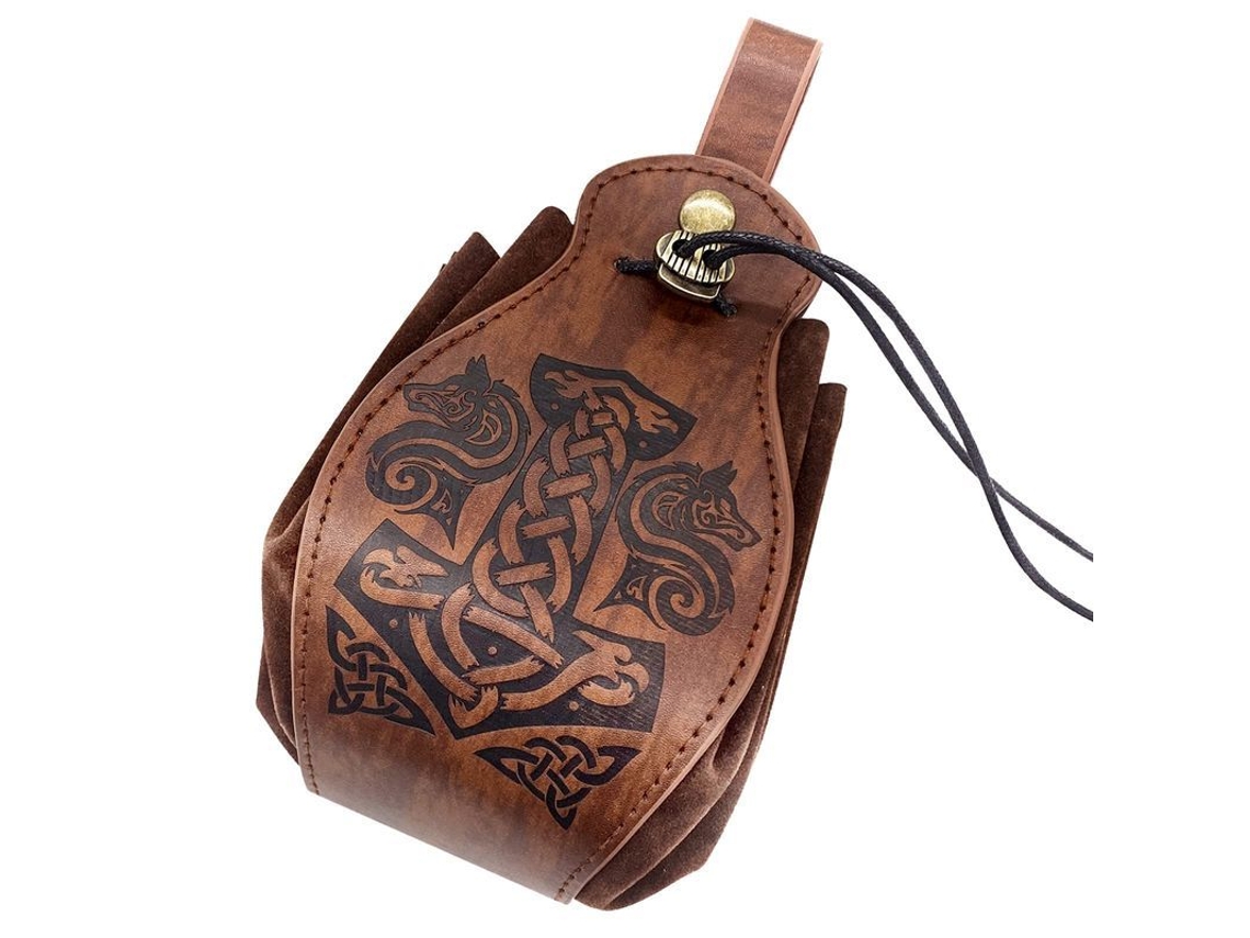 Bolsa de couro falso medieval, carteira portátil com cordão, martelo de lobo S/MARCA