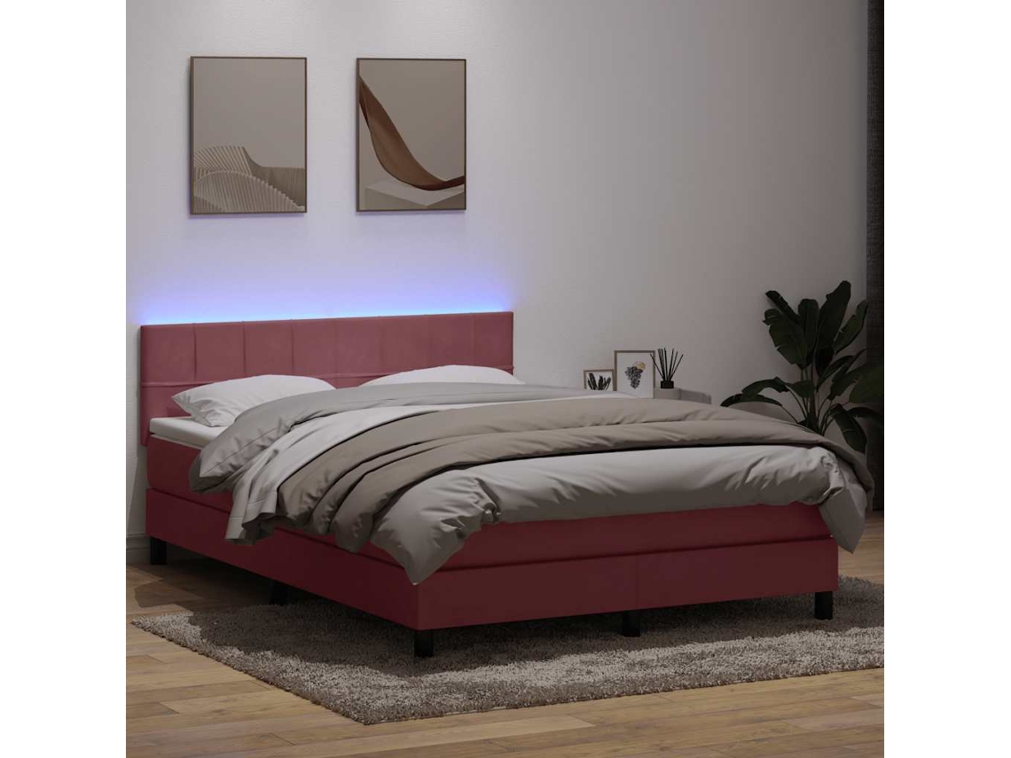 Vidaxl Cama Box Spring C/ Colchão E Led 140x220 Cm Veludo Rosa