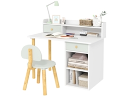 Mesa infantil com cadeira e gavetas, estante e compartimento, verde claro e branco BTFORUS