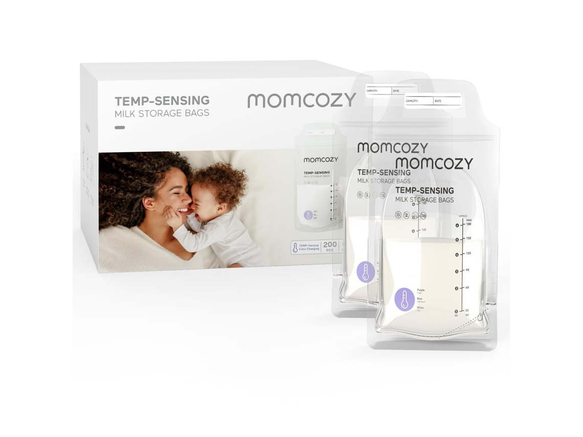 Sacos Para Leite Materno Momcozy, 200un, Mudança De Cor Sensível À Temperatura, 180ml, Descartáveis, Autossustentáveis E À Prova De Fugas.
