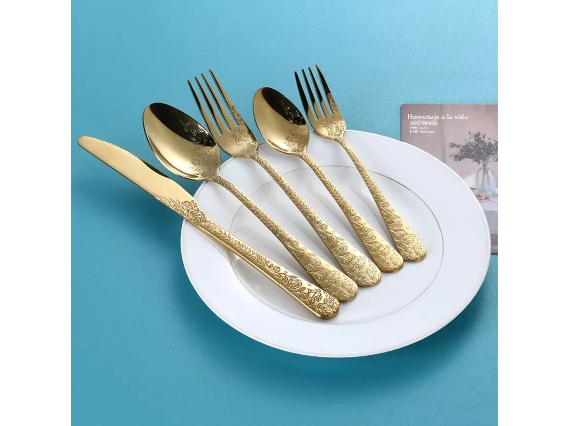 Conjunto de Talheres de Aço Inoxidável , Faca, Garfo e Colher. MDUG (5 Peças, Dourado)