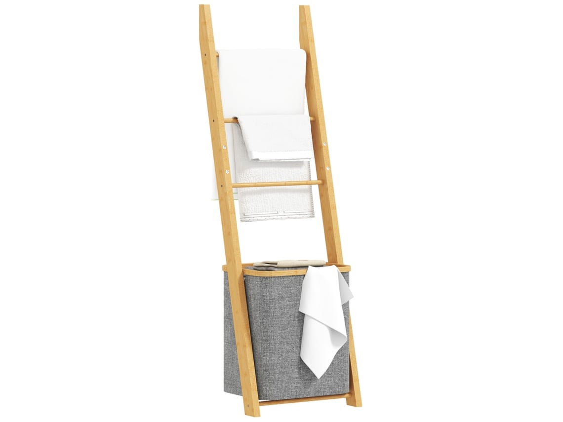 Toalheira Bambu C/ Cesto Roupa Suja + Escada Toalhas, 43x35x133cm, Cinza
