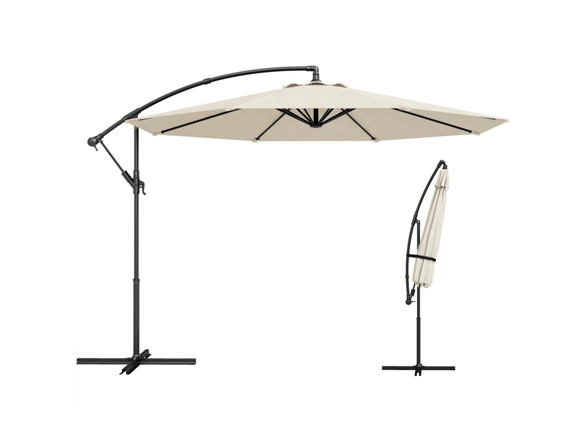 Chapéu De Sol Excêntrico Ø300 Cm Com Base Cruzada, Toldo Ajustável E Manivela Upf30+ Para Terraço, Pátio, Creme