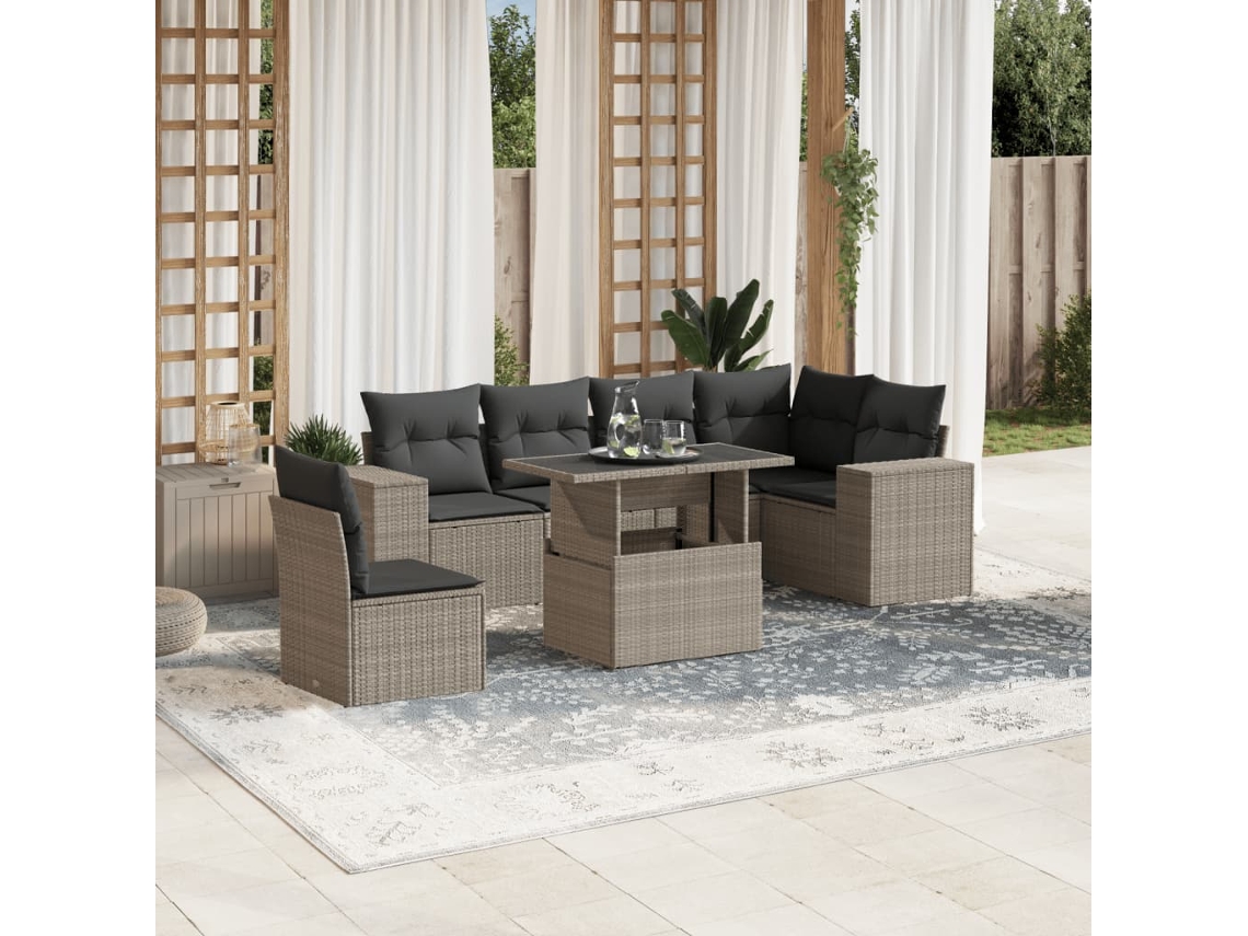 Vidaxl 7 Pcs Conj. Sofás Jardim Com Almofadões Vime Pe Cinzento-claro