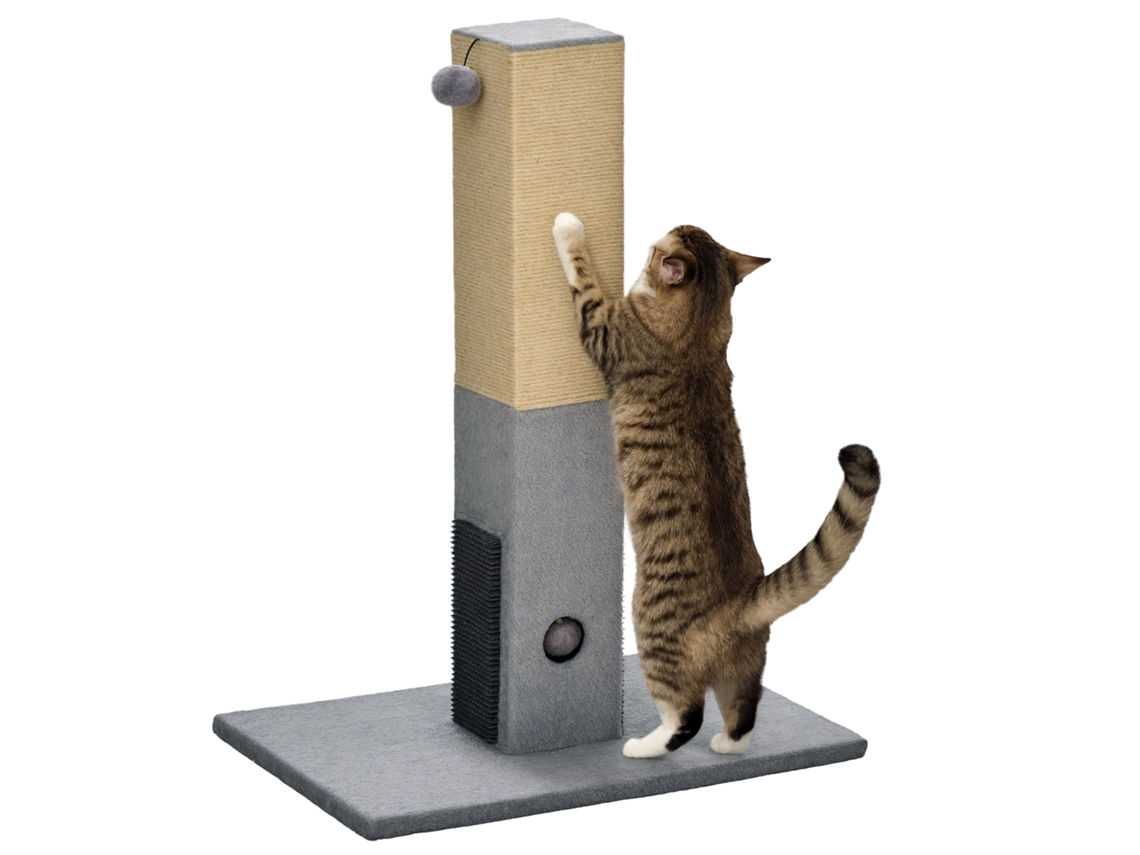 Árvore de arranhão de gato com 2 bolas de brinquedo, escova, feita de madeira, juta e pelúcia 59,5x39x79 cm cinza | S/MARCA