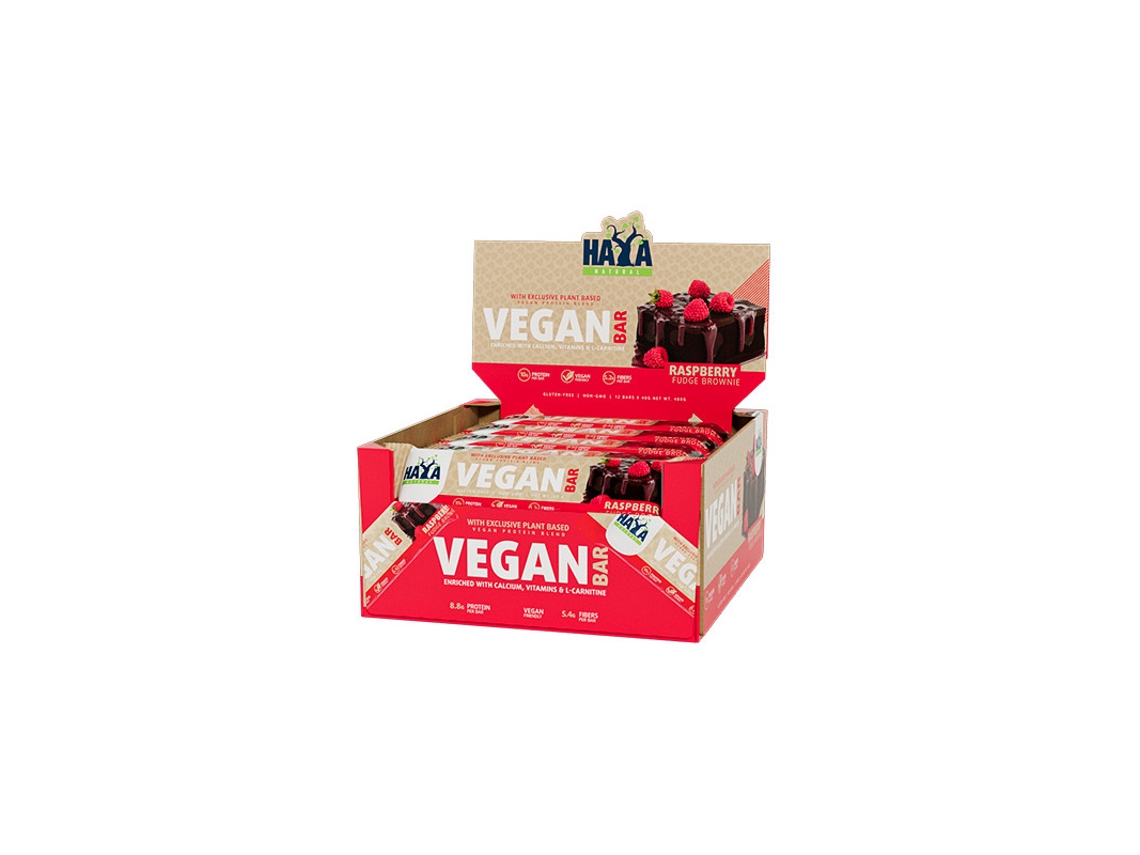 Caixa com 12 barras de proteína vegana de 40 g cada, da Haya Labs.