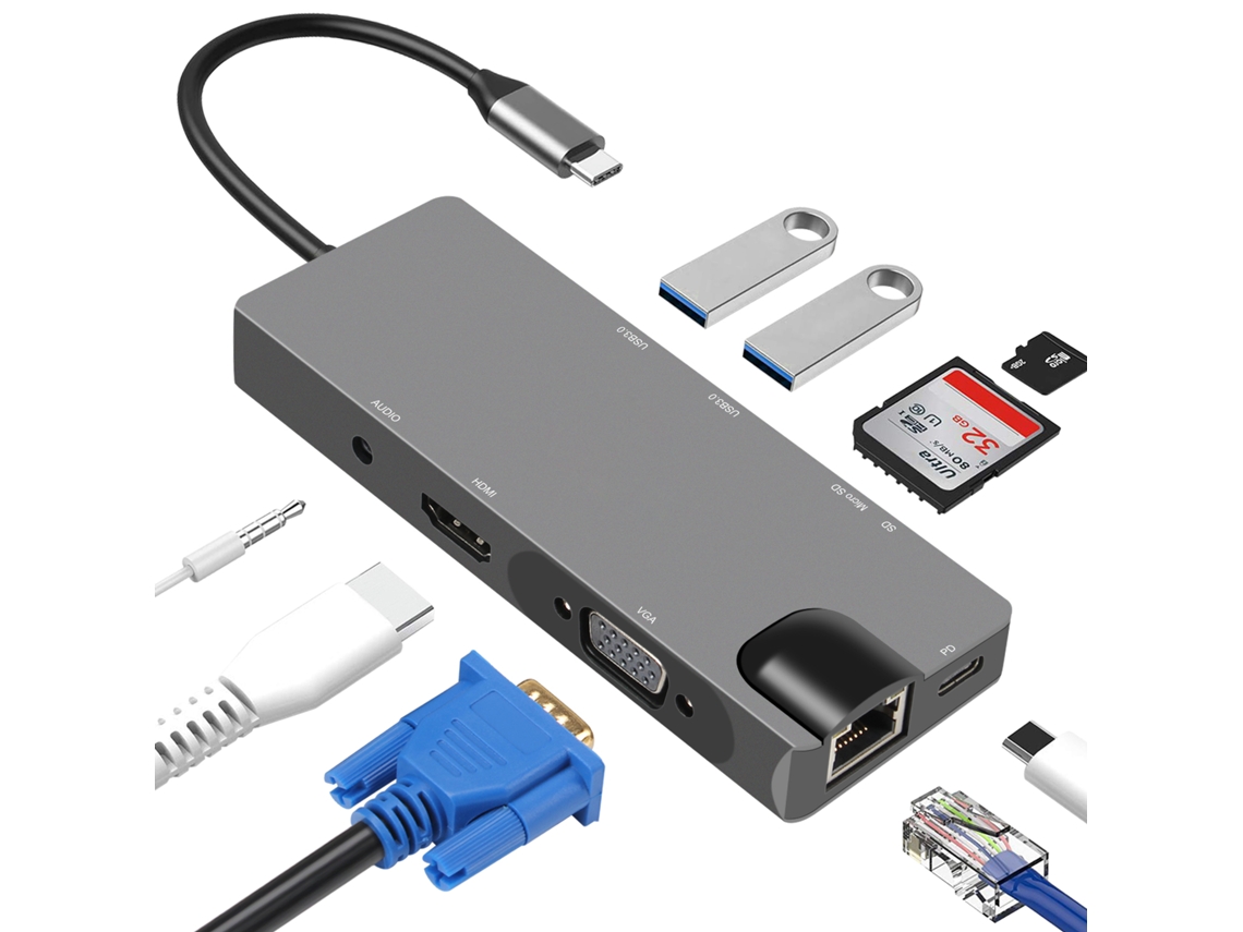 Hub Usb c 9 em 1 com Usb 3.0, Hdmi, Rj45, Leitor de Cartão Sd/tf, Carregamento Rápido de 100 W e Vga AQUAFORGE