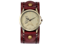 Relógio de quartzo com pulseira de couro PU, estilo punk vintage, mostrador com padrão de torres, unissex, vermelho